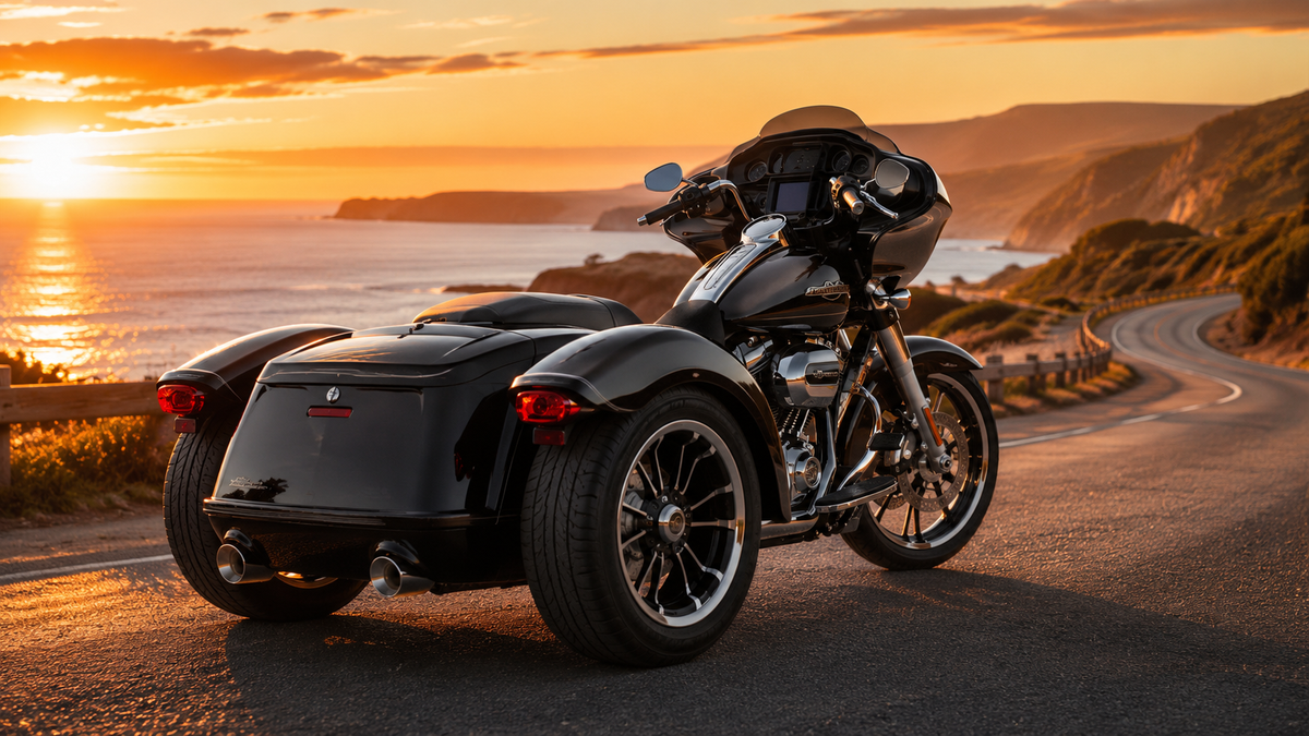 Black 2023-2025 Harley-Davidson Road Glide 3 trike with Sharknose fairing parked on an Australian coastal road at sunset