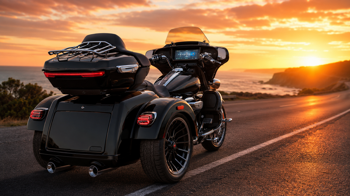 Black 2026 Harley-Davidson Street Glide 3 Limited trike with Skyline OS display parked on a coastal road at sunset