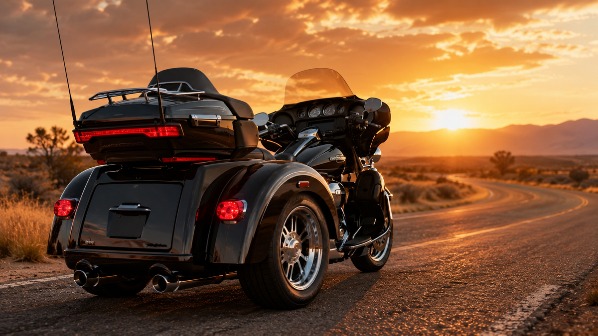 Black Harley-Davidson Tri Glide Ultra trike with Batwing fairing and King Tour-Pak parked on an open road at sunset