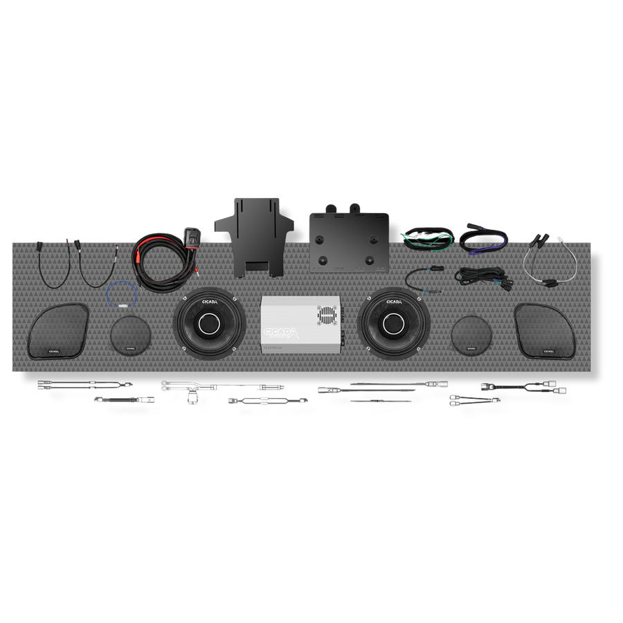 Cicada Audio 14FLXPCHX-4X2 — DSP-Controlled 4-Channel FLXP Amplifier & CHX Horn Front Speaker System for Harley Touring (2014–2023)
