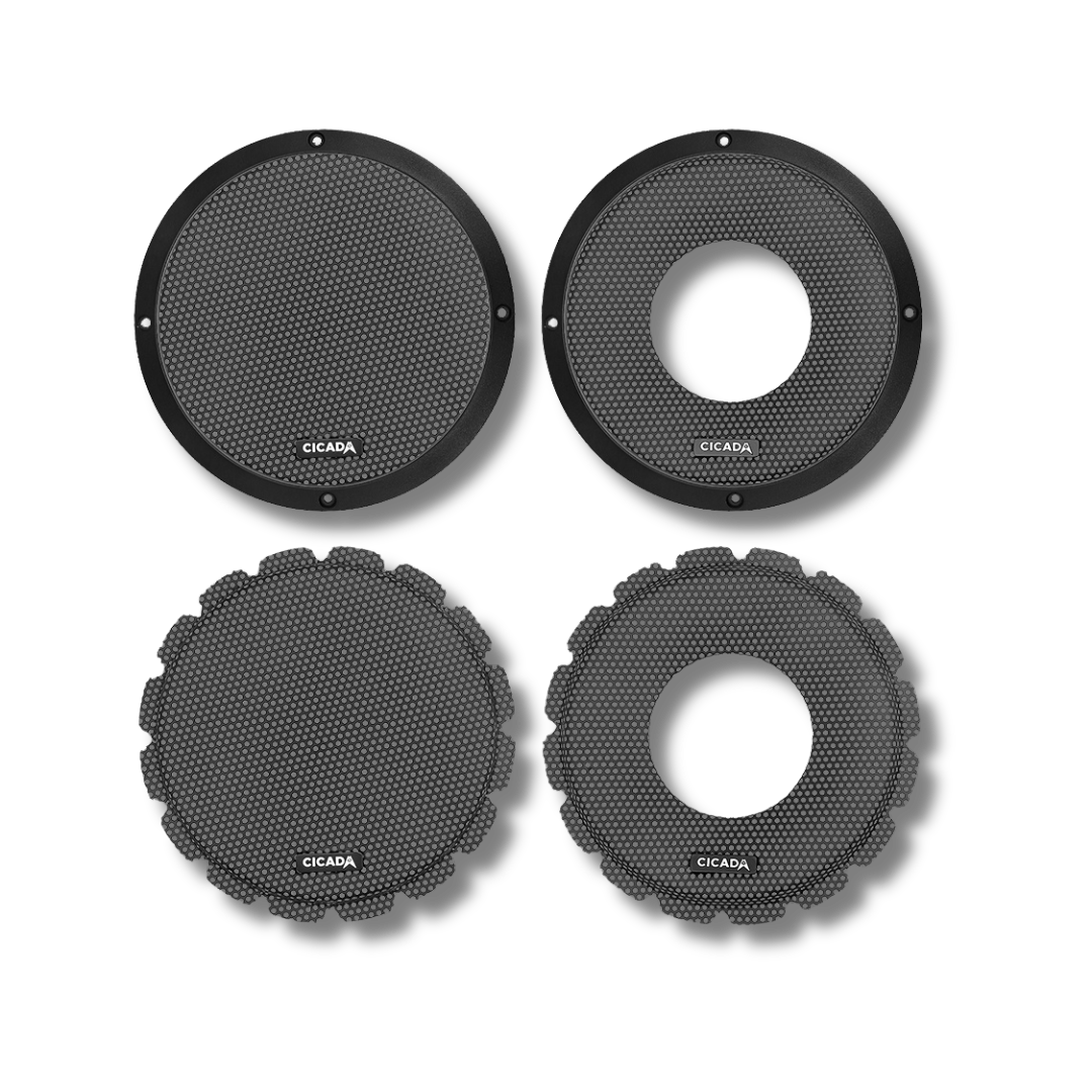 Cicada Audio CBG8F — 8″ Flush Style Billet Speaker Grilles (Black Aluminium Rings, Pair)