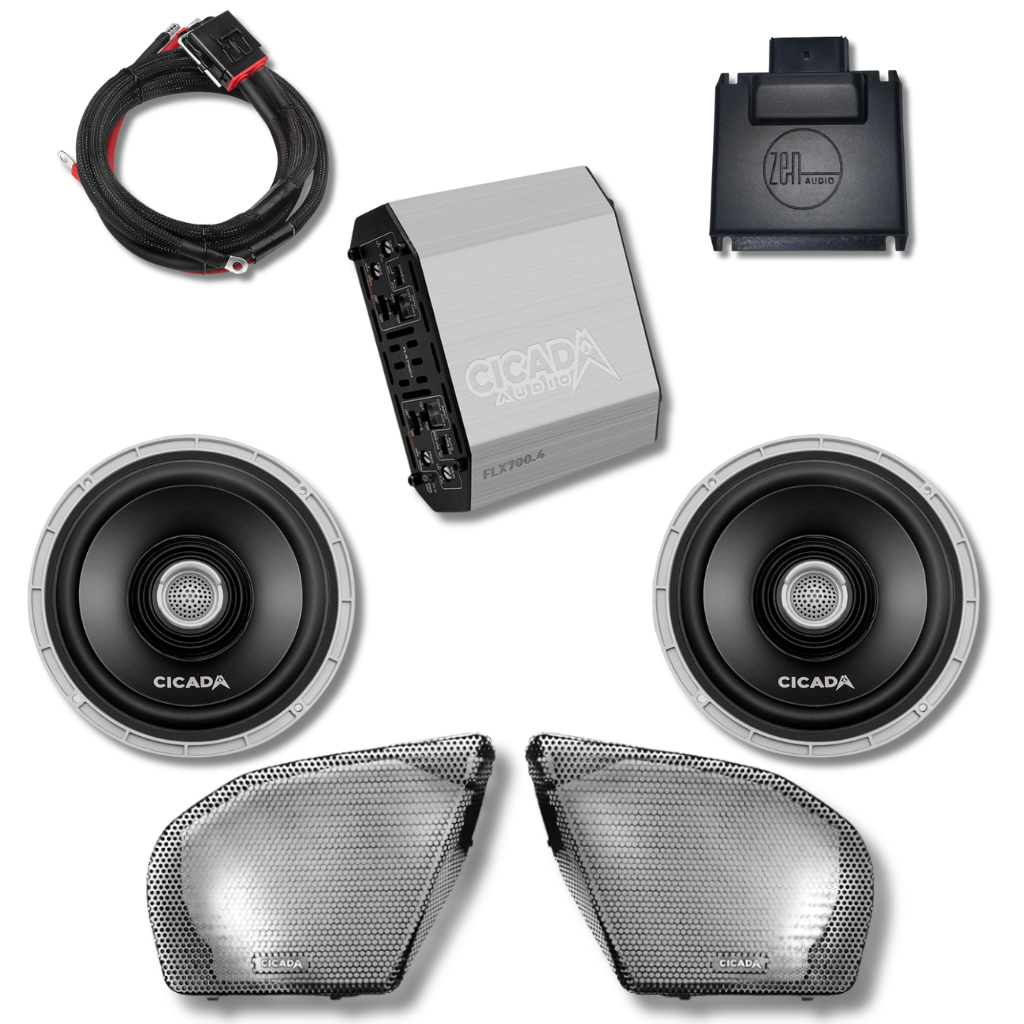 Cicada 4-Channel Amplifier & 2 CX Coaxial Front Speakers — 2024+ Road Glide Audio System