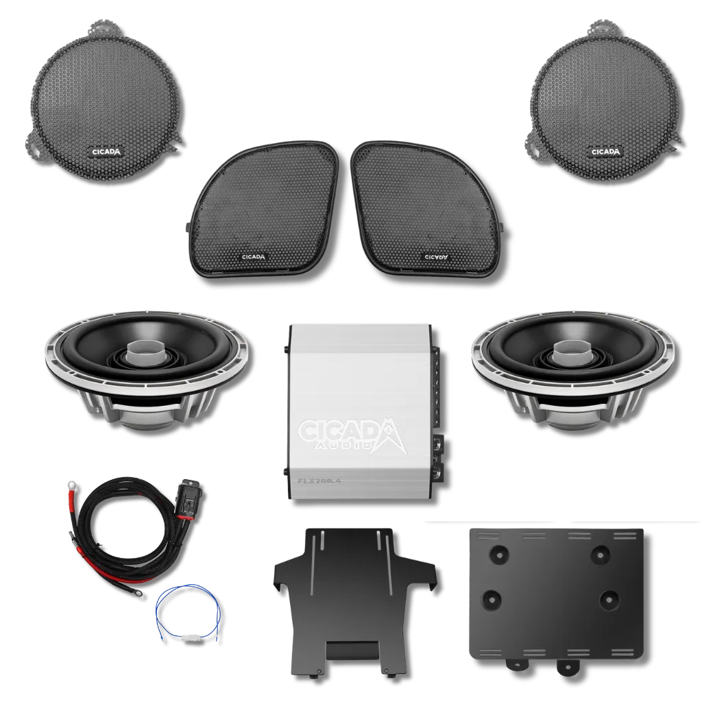 Cicada Audio 14FLXCX-4X2 — 500W 4-Channel Amplifier & CX 6.5″ Front-Stage System for 2014–2023 Harley Touring