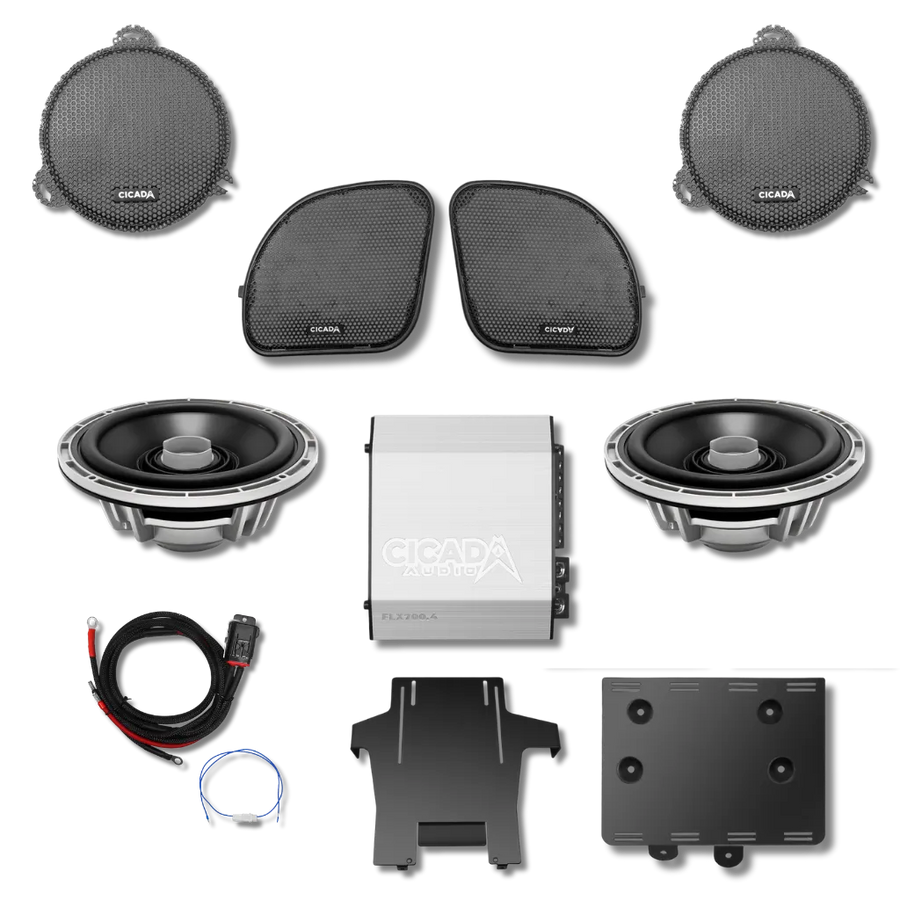 Cicada Audio 14FLXCX-4X2 — 500W 4-Channel Amplifier & CX 6.5″ Front-Stage System for 2014–2023 Harley Touring