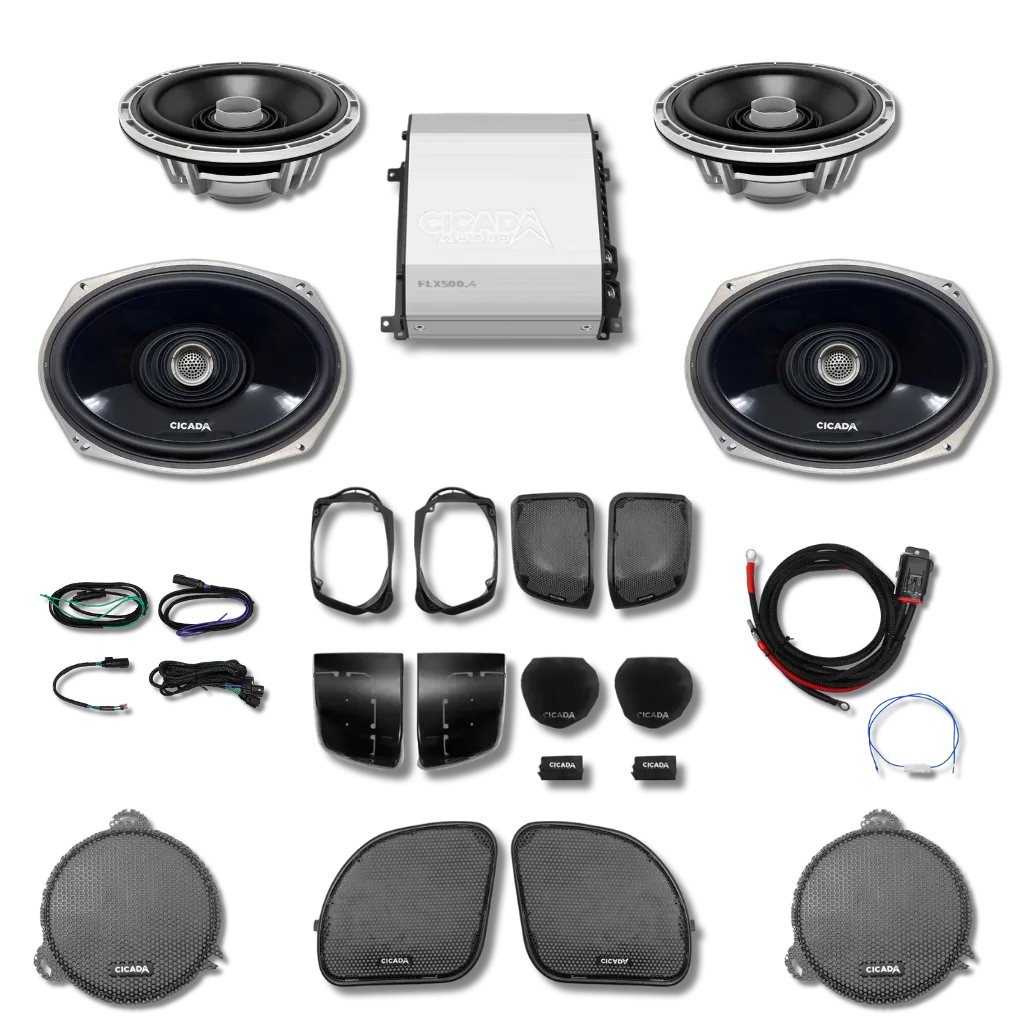 Cicada Audio 14FLXCX-4X4 — 500W 4-Channel Amplifier & Complete 4-Speaker System for 2014–2023 Harley Touring