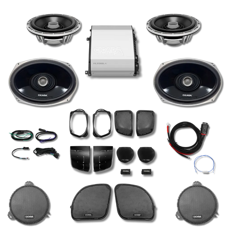 Cicada Audio 14FLXCX-4X4 — 500W 4-Channel Amplifier & Complete 4-Speaker System for 2014–2023 Harley Touring