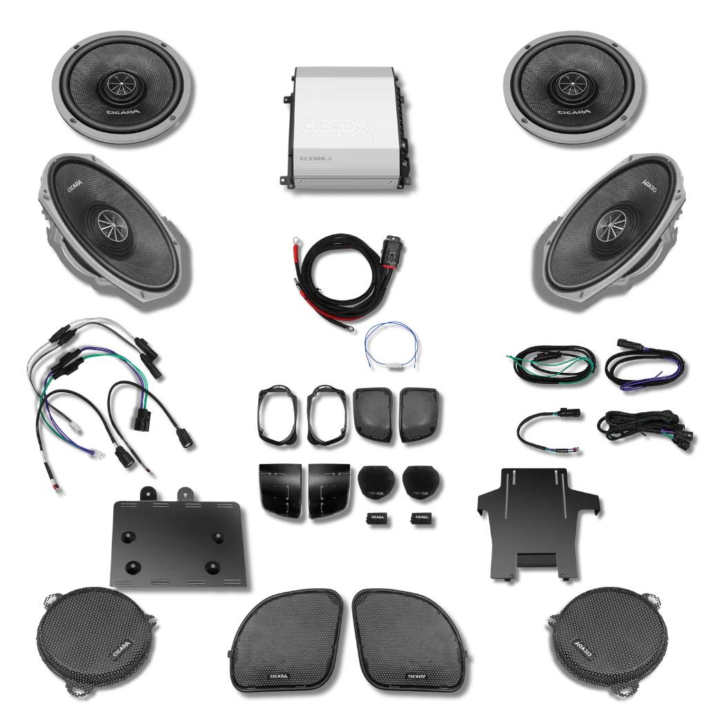 Cicada Audio 14FLXCXX-4X4 — 500W 4-Channel Amplifier & CXX Pro Coaxial Complete System for 2014–2023 Harley Touring