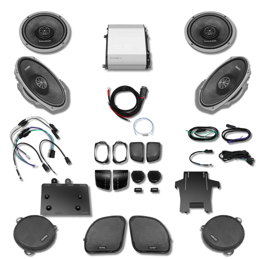 Cicada Audio 14FLXCXX-4X4 — 500W 4-Channel Amplifier & CXX Pro Coaxial Complete System for 2014–2023 Harley Touring