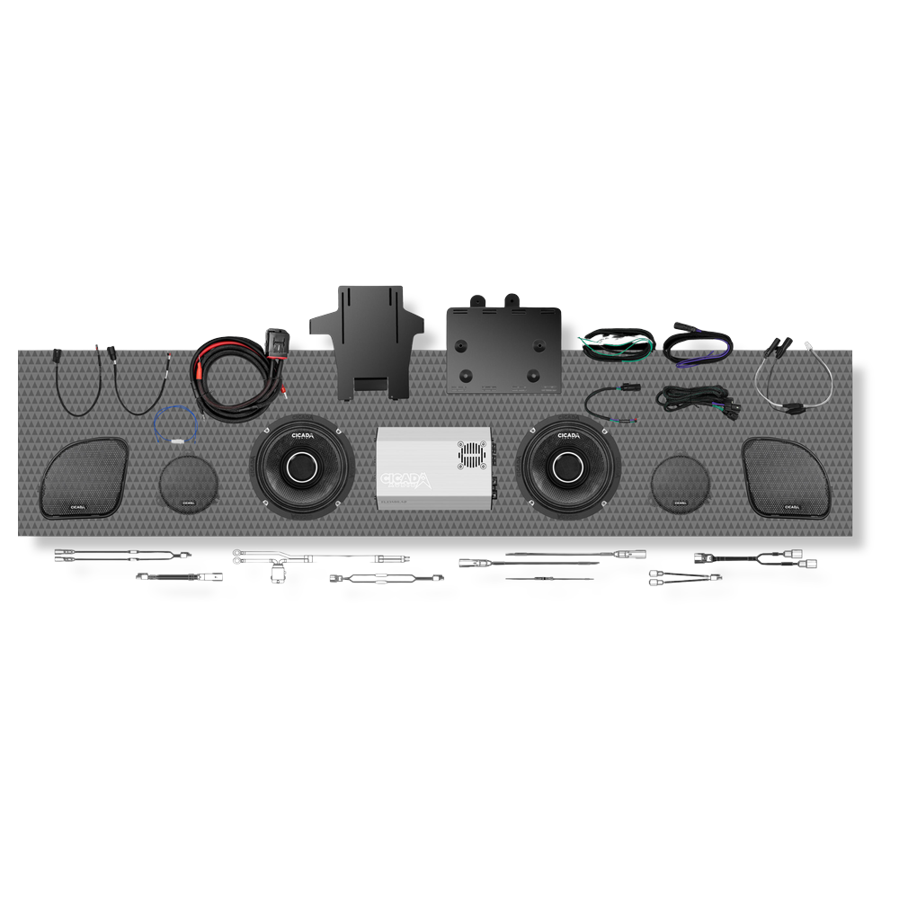 Cicada Audio 14FLXPCHX-4X2 – DSP-Controlled 4-Channel FLXP Amplifier & CHX Horn Front Speaker System for Harley Touring (2014–2023)