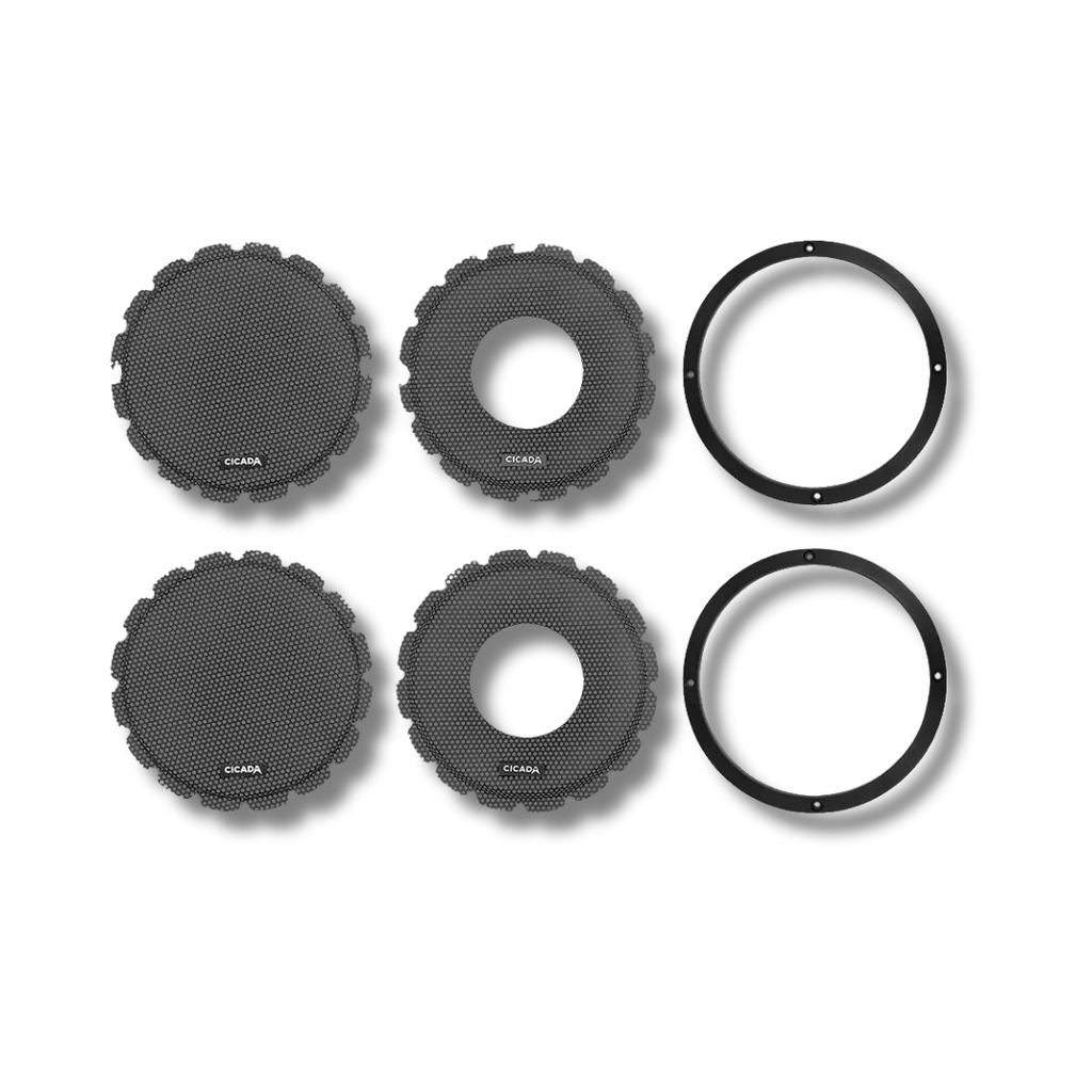 Cicada Audio CBG8F — 8″ Flush Style Billet Speaker Grilles (Black Aluminium Rings, Pair)