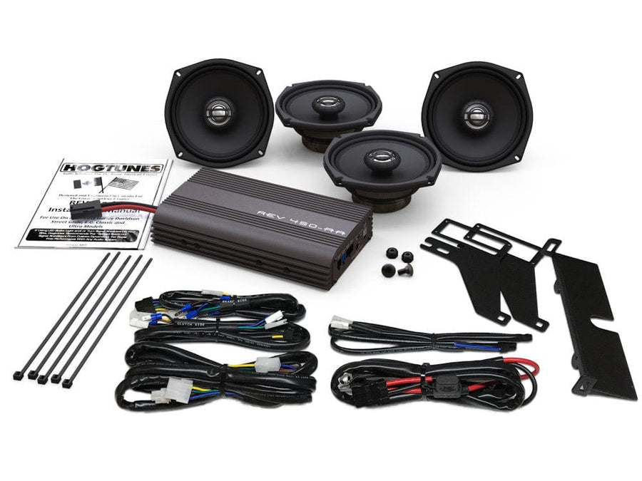 Hogtunes REV 450-U – REV 450-AA 4-Channel Amp & 5.25" Front + Rear Speaker Kit (1998–2013 Ultras)