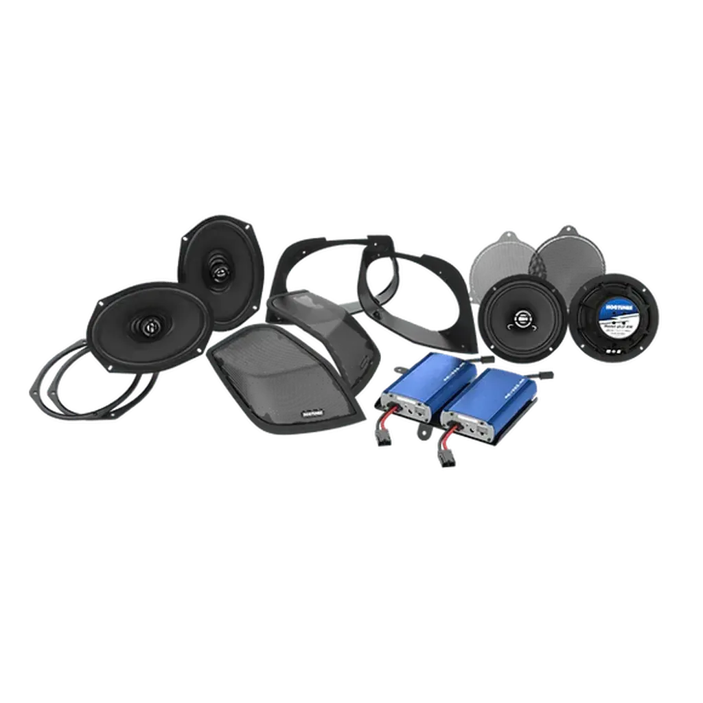 Hogtunes Retro 450.4 – Dual REV 225-RM Amp & 4-Speaker 6×9 Cut-In Kit