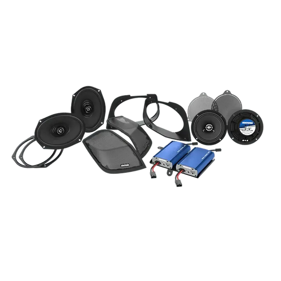 Hogtunes Retro 450.4 – Dual REV 225-RM Amp & 4-Speaker 6×9 Cut-In Kit