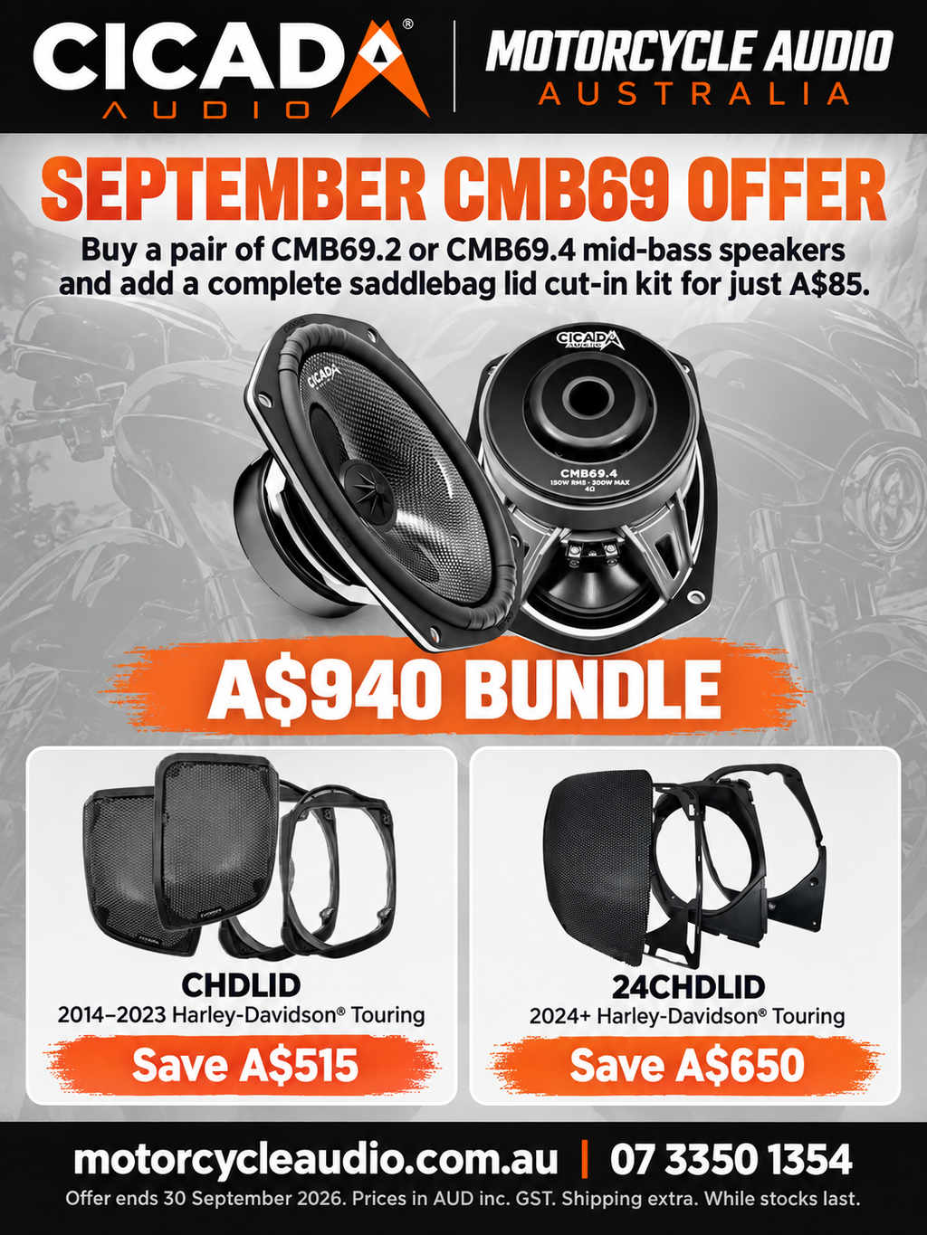 Cicada Audio September CMB69 bundle offer — CMB69.2 or CMB69.4 mid-bass speakers with CHDLID or 24CHDLID saddlebag lid cut-in kit